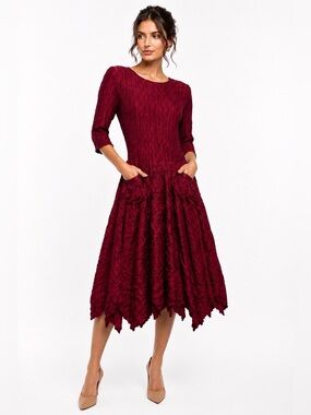 Alquema Crinkle Pleat Dress Wine Burgundy Pockets Handkerchief Hem Size 0 CKB059
